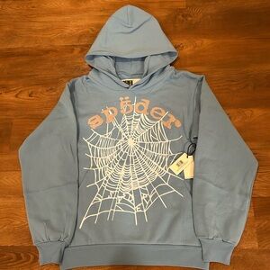 Light Blue Sp5der Web Pullover Hoodie with Pink Logo